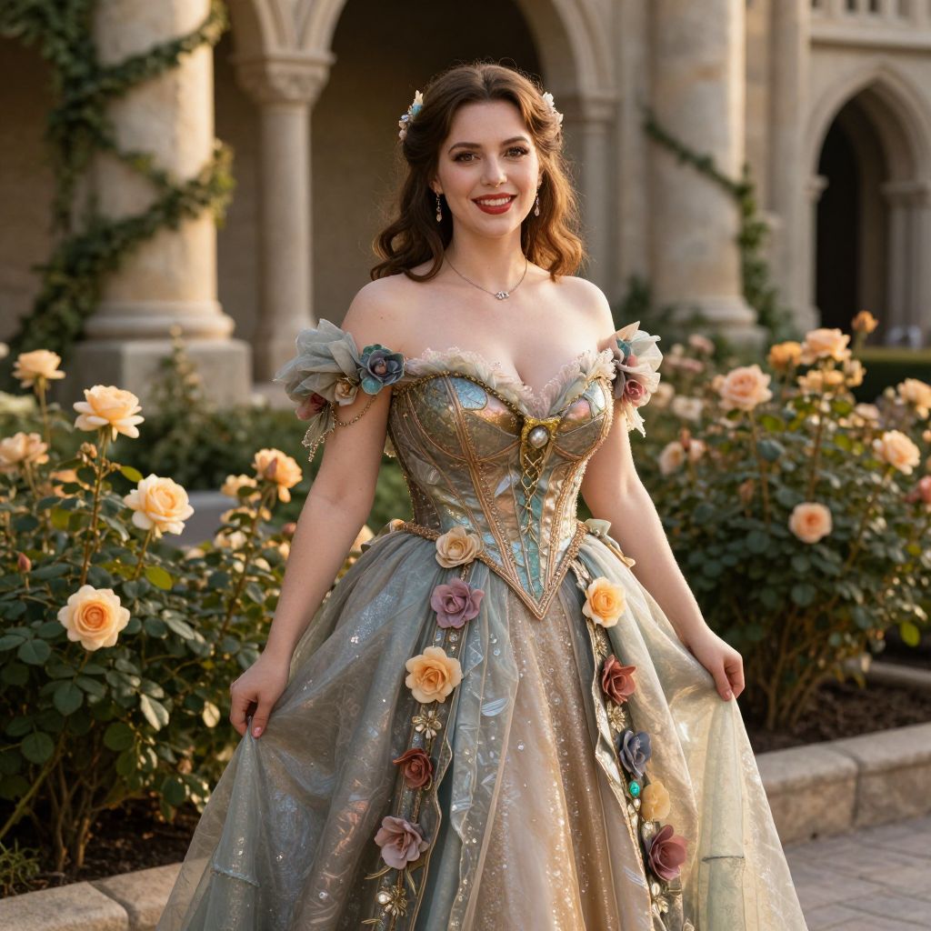 Woman in Elegant Floral Ball Gown in Garden Courtyard