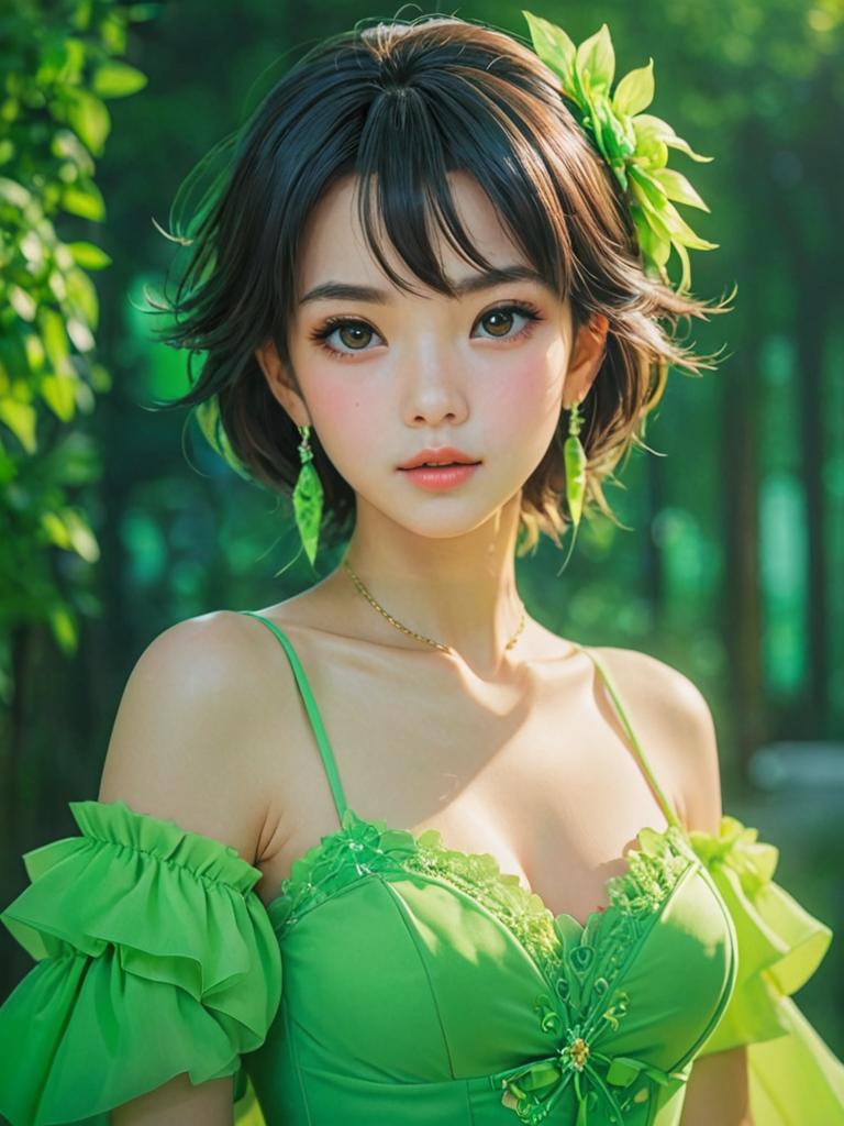 Anime-Inspired Woman in Flowing Green Attire