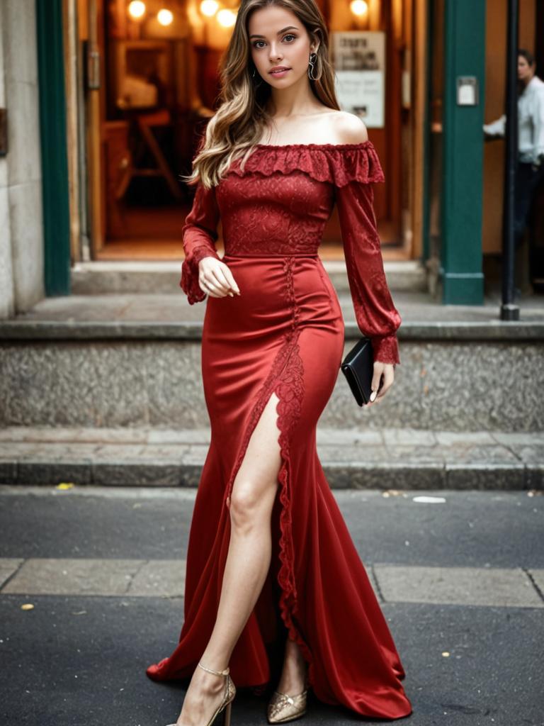 Glamorous Woman in Red Evening Gown on City Sidewalk