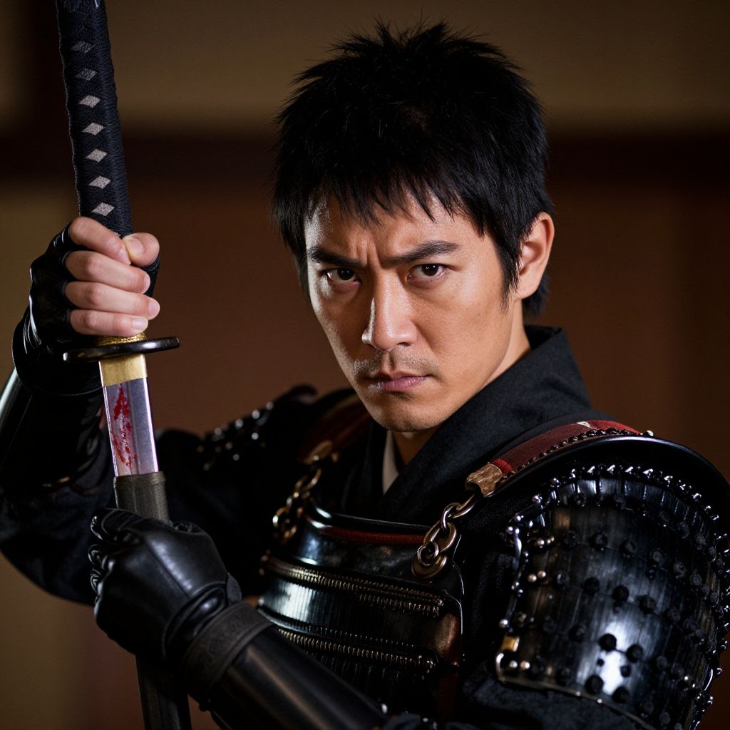 Samurai Warrior Man Holding Blood-Stained Katana in Traditional Armor