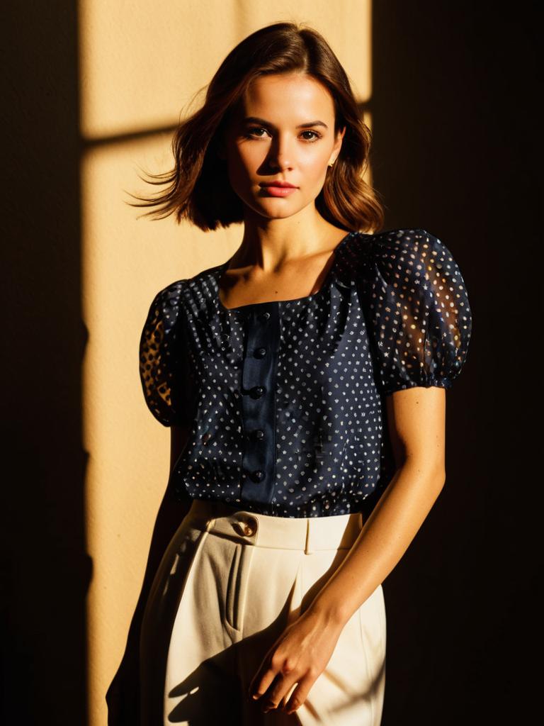 Stylish Woman in Navy Polka Dot Blouse and Cream Trousers with Dramatic Lighting