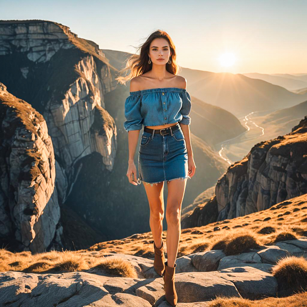 Confident Woman in Denim at Sunset in Mountains