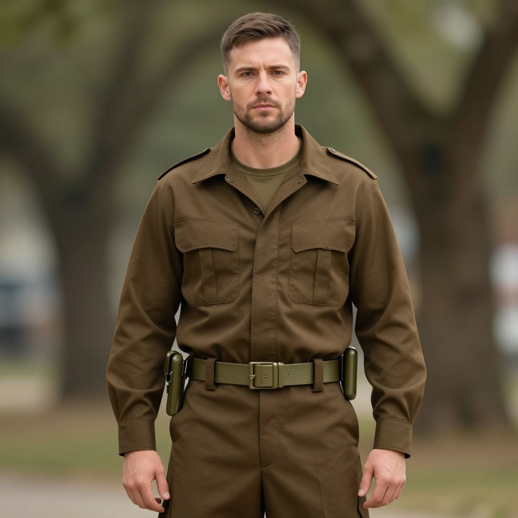 Young Man in Olive Green Military Uniform Standing Outdoors
