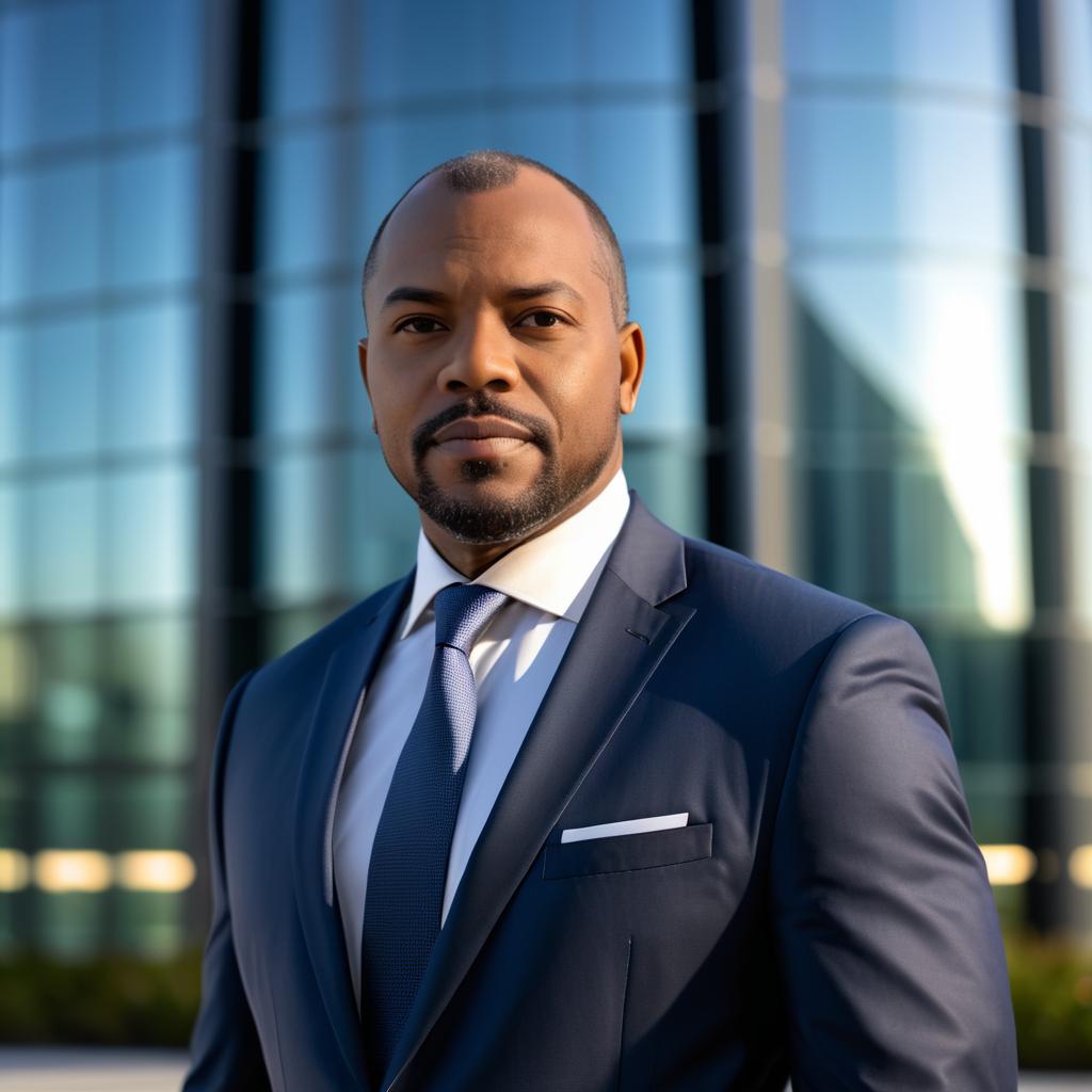 Confident Man in Navy Suit Against Glass Building