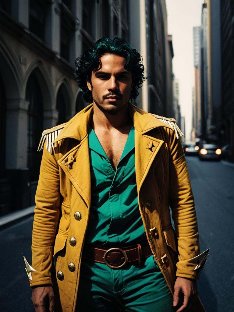 Realistic Diego Brando Cosplay Man in Yellow Military Jacket on Urban Street
