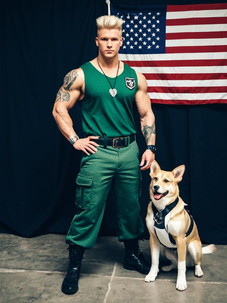 Strong Man in Military-Style Outfit with Dog and American Flag