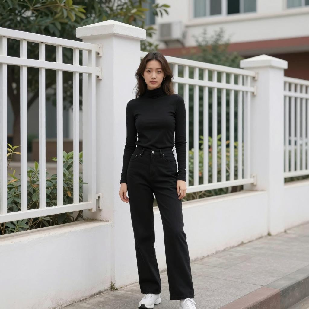 Young Woman in Black Turtleneck and Pants Standing by White Fence