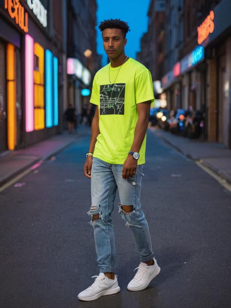 Casual Man in Neon Tee Walking City Streets at Night