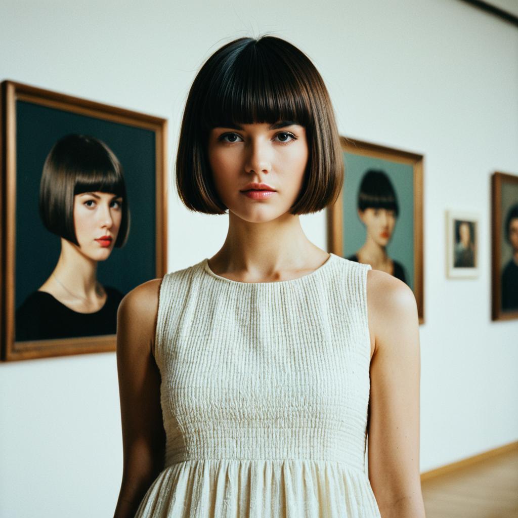 Young Woman With Bob Haircut Standing in Art Gallery With Portraits