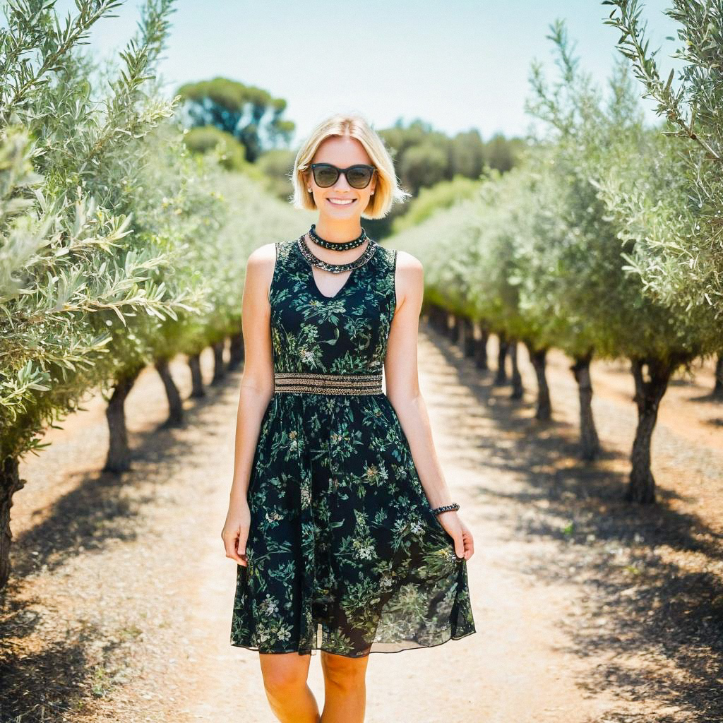 Smiling Woman in Floral Dress in Olive Orchard Smiling Woman in Floral Dress in Olive Orchard