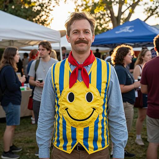 Man Wearing Smiley Face Vest at Outdoor Social Event