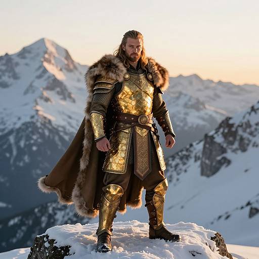 Man in Golden Medieval Armor Standing on Snowy Mountain Peak