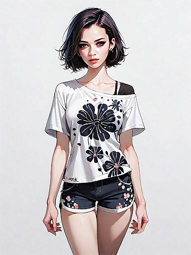 Realistic Anime Style Young Woman in Floral Casual Outfit Full Body Illustration
