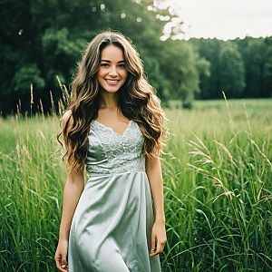 Young Woman in Satin Dress in Lush Green Field