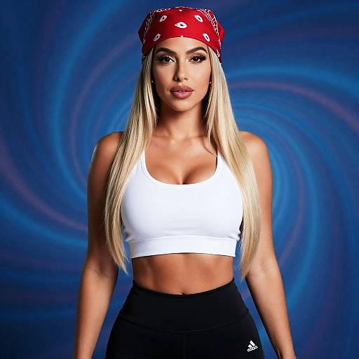 Gen Z Woman in Sporty Outfit with Red Bandana on Blue Swirling Background