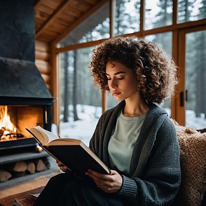 Young Woman Reading by Cozy Fireplace in Cabin