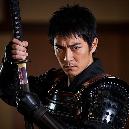 Samurai Warrior Man Holding Blood-Stained Katana in Traditional Armor