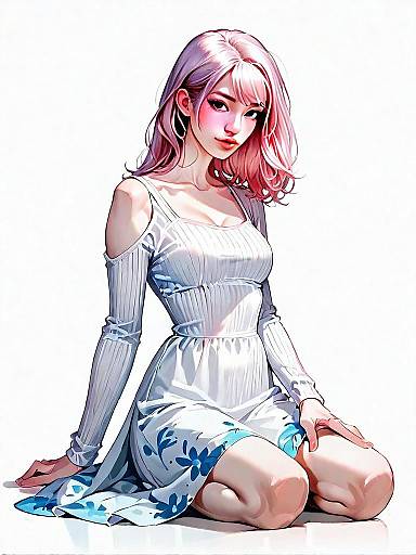 Realistic Comic Style Illustration of a Woman in White Floral Dress Full Body Pose