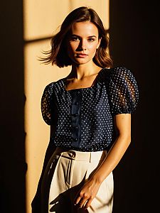 Stylish Woman in Navy Polka Dot Blouse and Cream Trousers with Dramatic Lighting