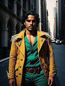Realistic Diego Brando Cosplay Man in Yellow Military Jacket on Urban Street