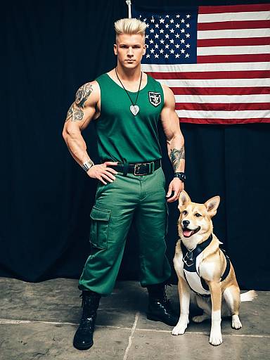 Strong Man in Military-Style Outfit with Dog and American Flag