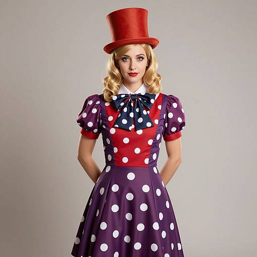 Retro Woman in Polka Dot Dress with Red Top Hat
