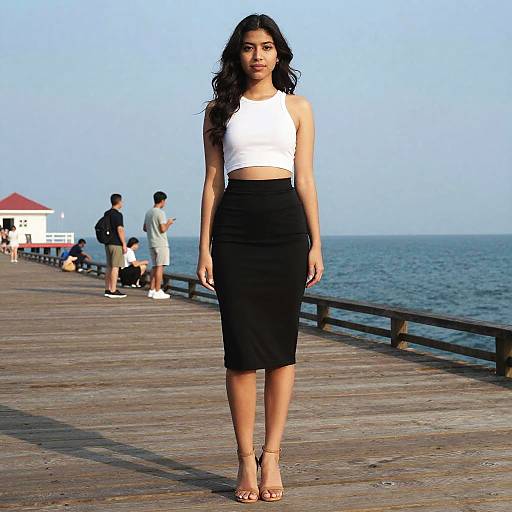 Confident Young Woman in Crop Top and Pencil Skirt on Ocean Pier