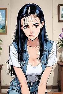 Young Woman in Denim Vest and T-Shirt