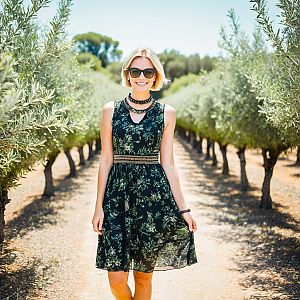 Smiling Woman in Floral Dress in Olive Orchard
