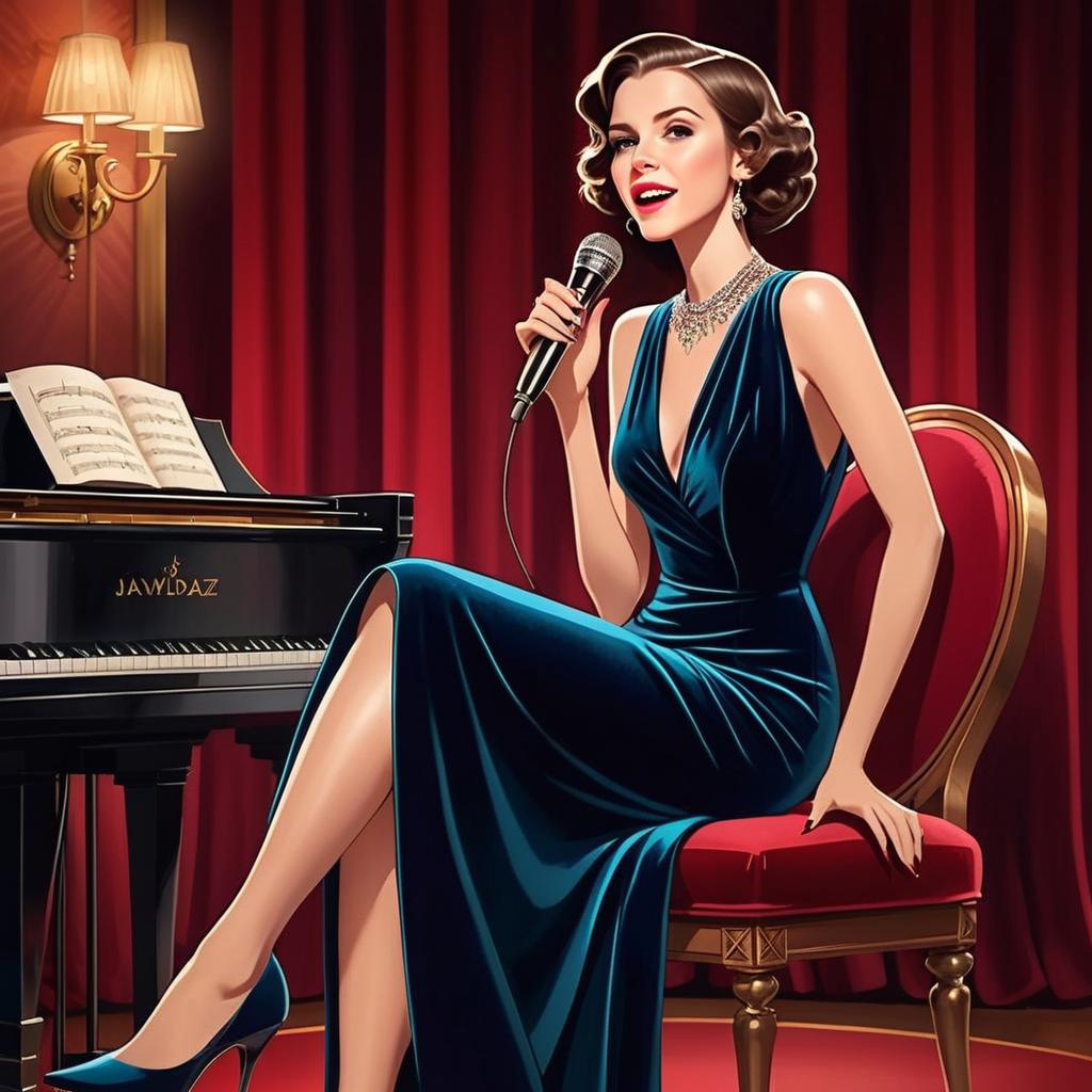 Glamorous Woman in Blue Gown with Microphone