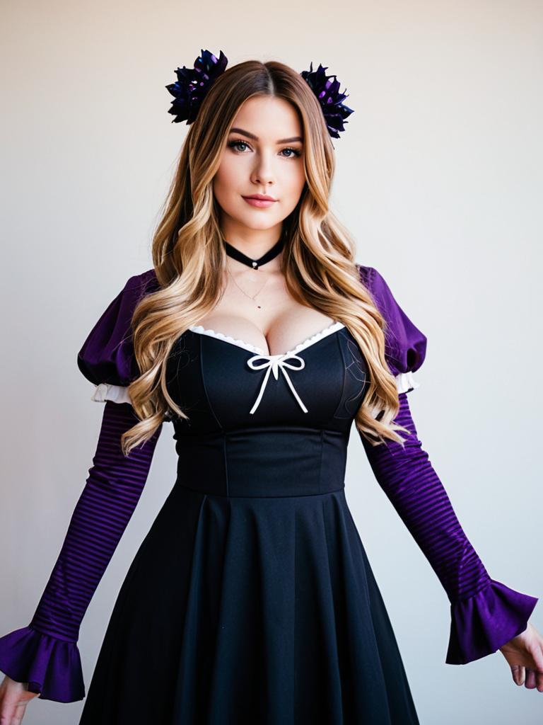 Anya Melfissa Gothic Style 1st Costume with Purple Sleeves and Floral Hair Accessories