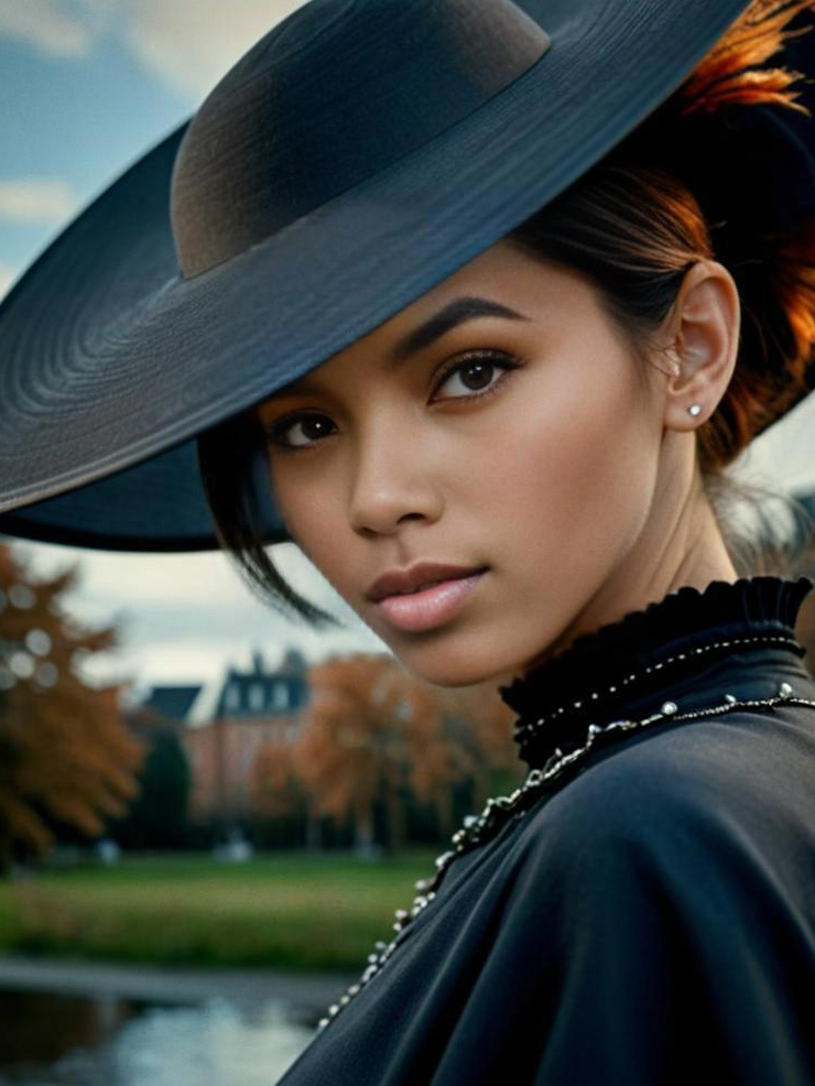 Elegant Woman in Black Hat Outdoors