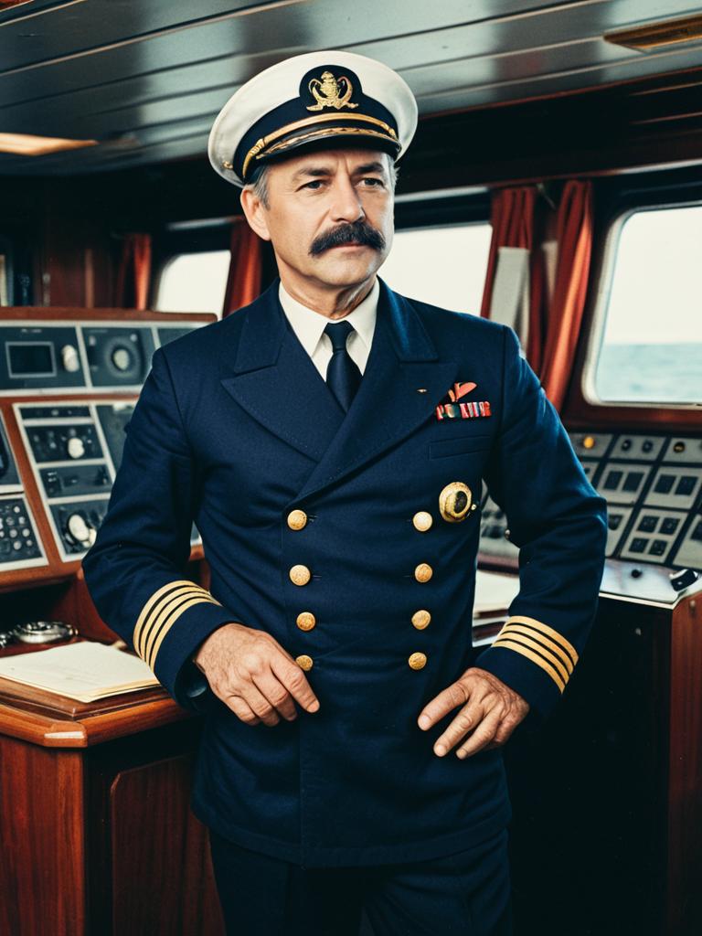 Man in Ship Captain Outfit Waist Up Photorealistic Editorial Photo