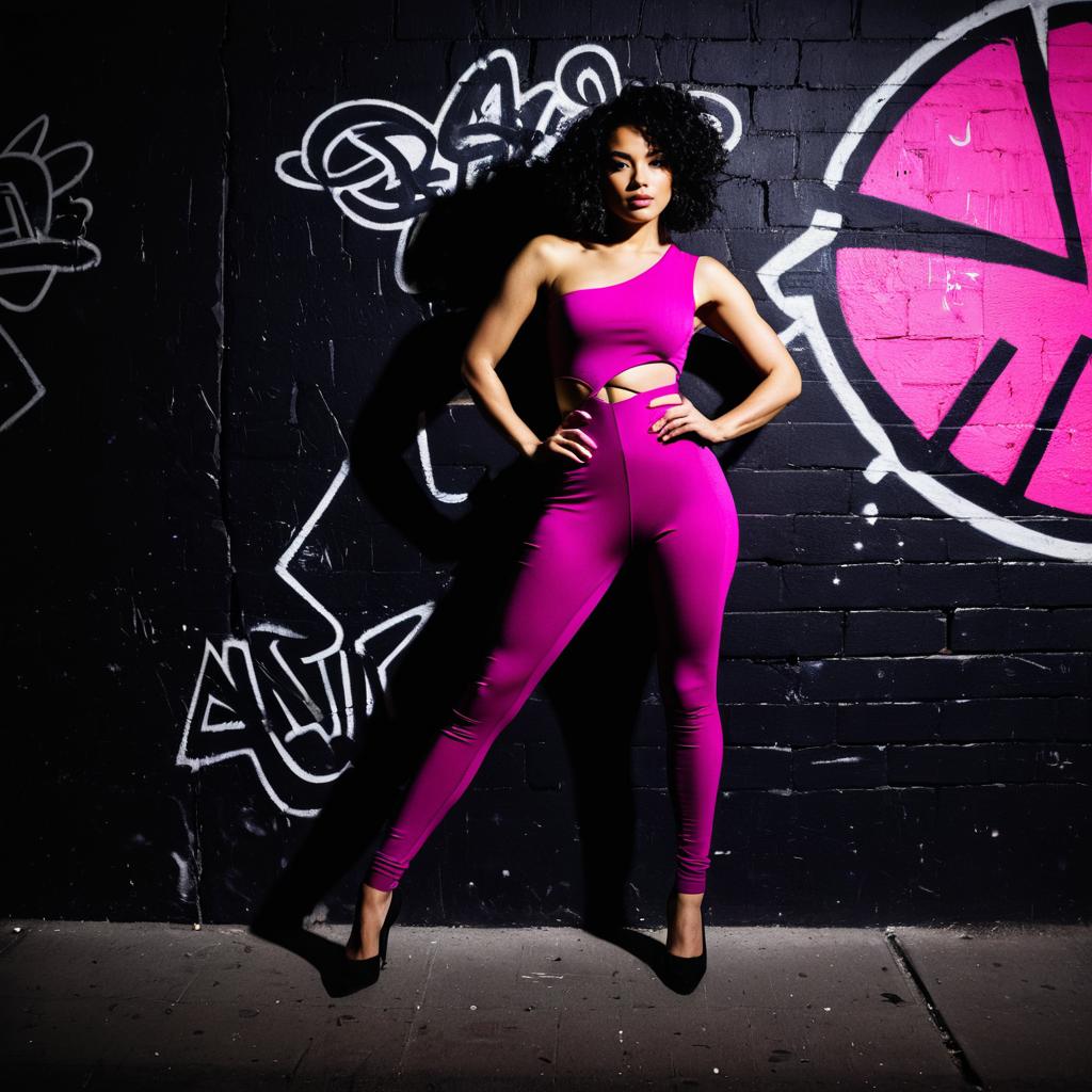 Confident Woman in Purple Jumpsuit Posing by Graffiti Wall