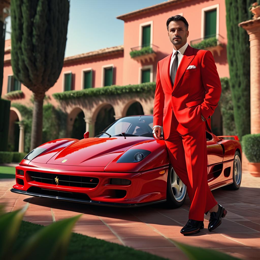 Stylish Man in Red Suit with Ferrari F50