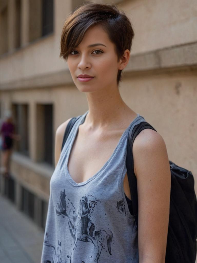 Confident Woman with Modern Haircut in Urban Setting