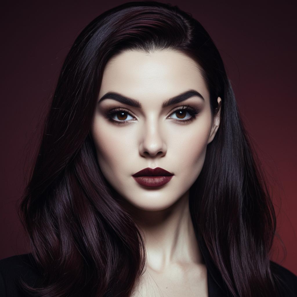 Portrait of Woman with Dark Hair and Burgundy Lipstick on Maroon Background