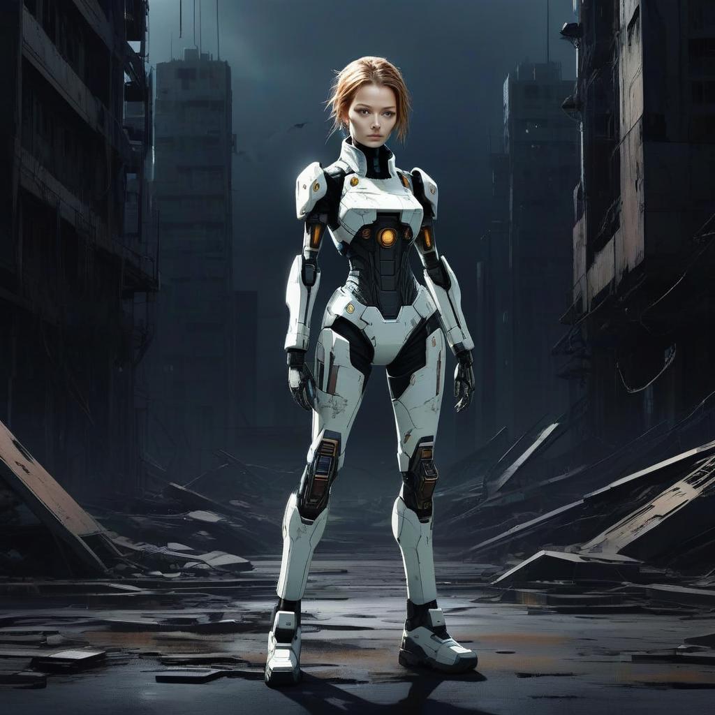 Futuristic Woman in Robotic Exoskeleton in Dystopian City