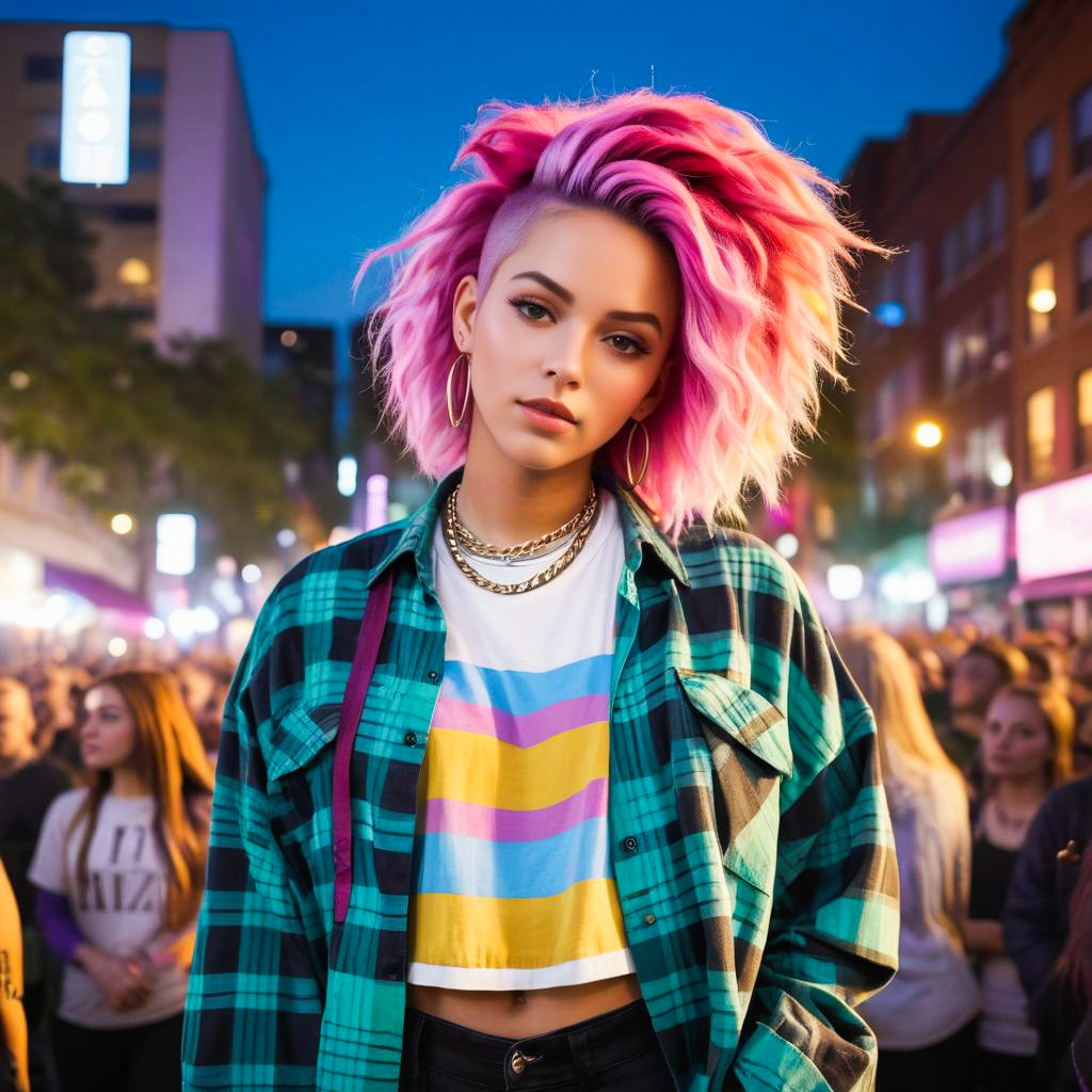 Young Woman with Pink Hair in Urban Scene