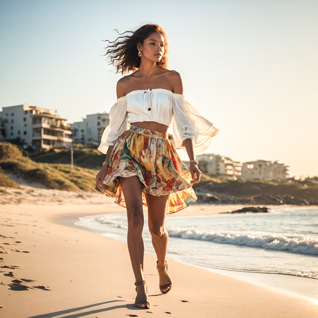 Stylish Woman at Sunset Beach