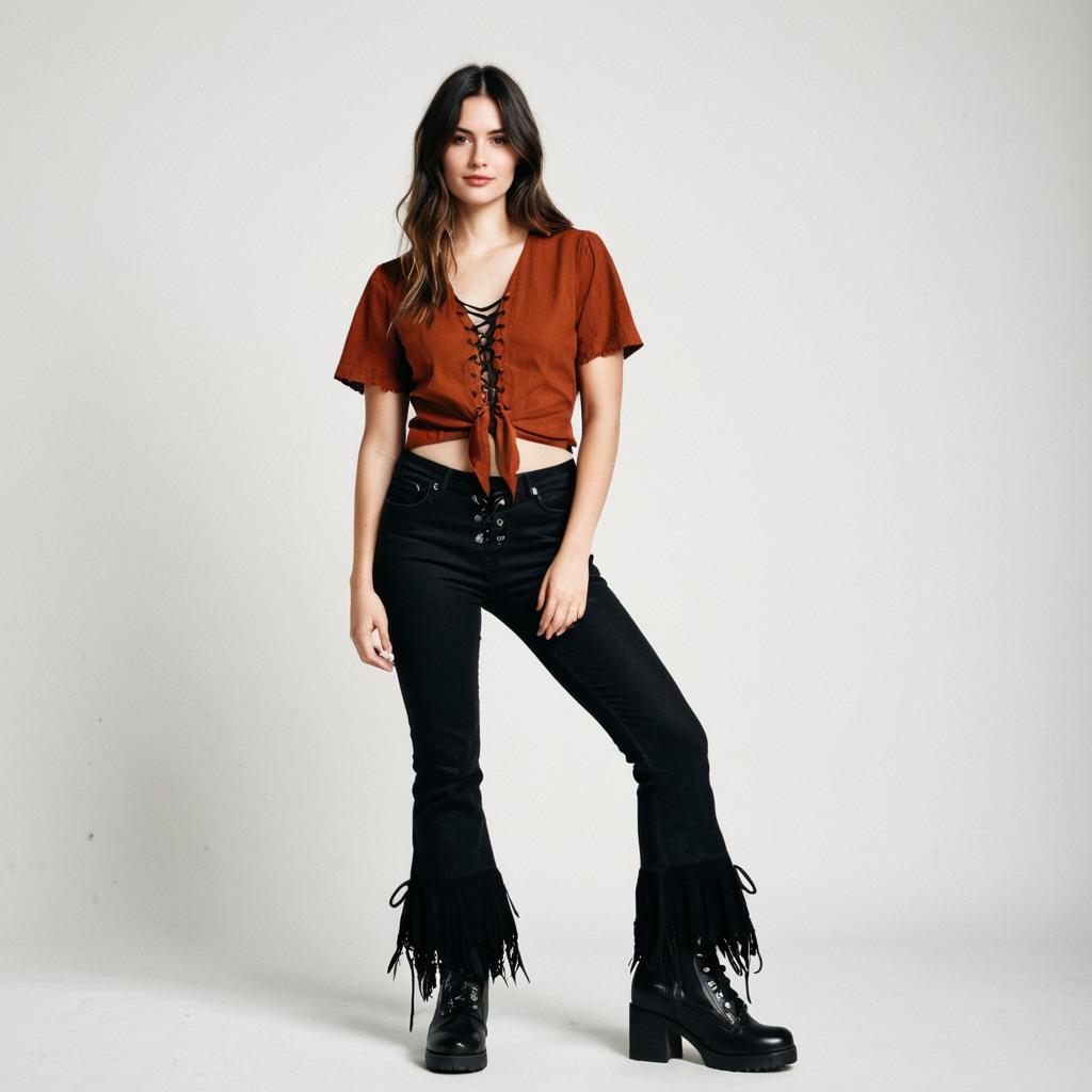 Woman in Casual Chic Rust Colored Blouse with Front Tie and Black Fringe Jeans