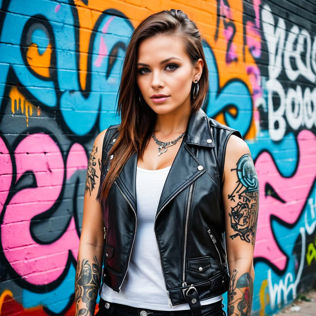 Confident Woman with Tattoos Against Graffiti Wall Confident Woman with Tattoos Against Graffiti Wall
