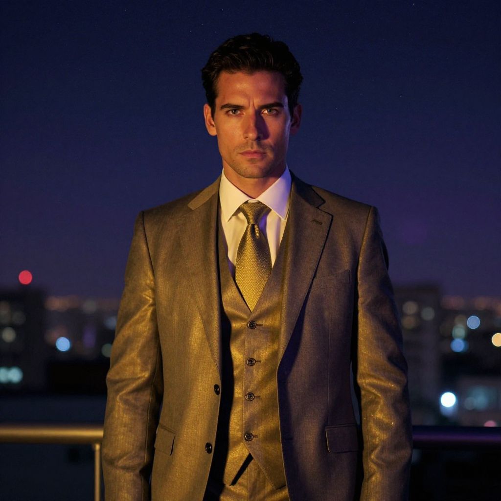 Man in Metallic Gold Suit Standing at Night with City Lights