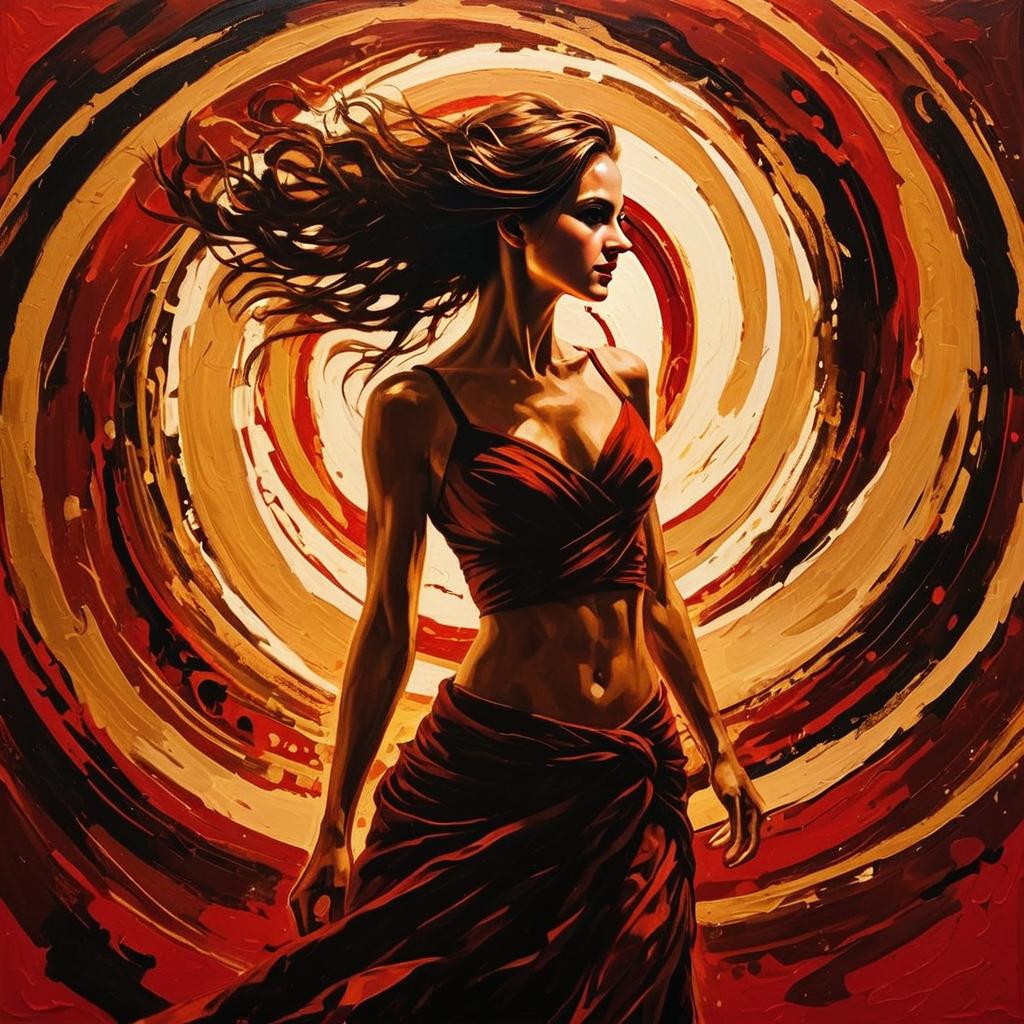 Digital Painting of Woman in Red Dress with Dynamic Swirling Background