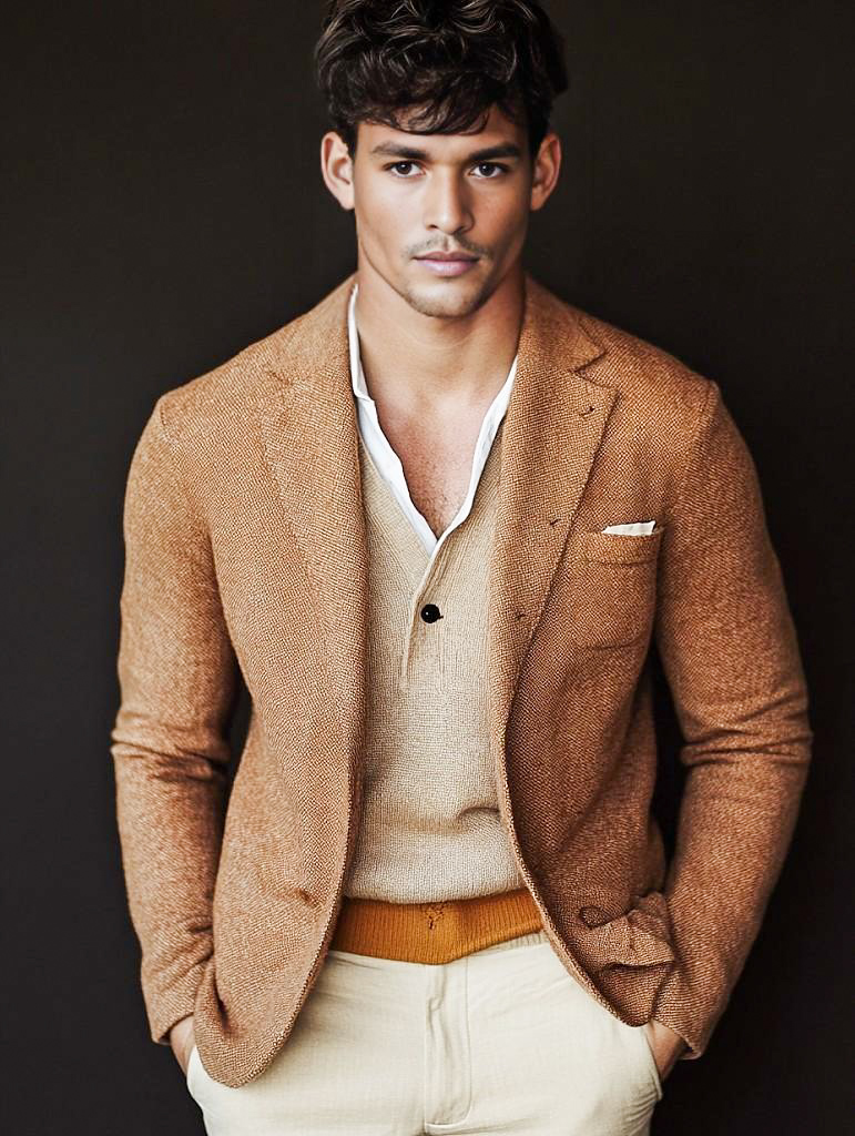 Stylish Man in Brown Blazer and Cream Sweater