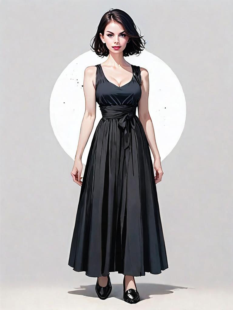 Realistic Digital Illustration of Woman in Full-Length Black Dress with Contemporary Style