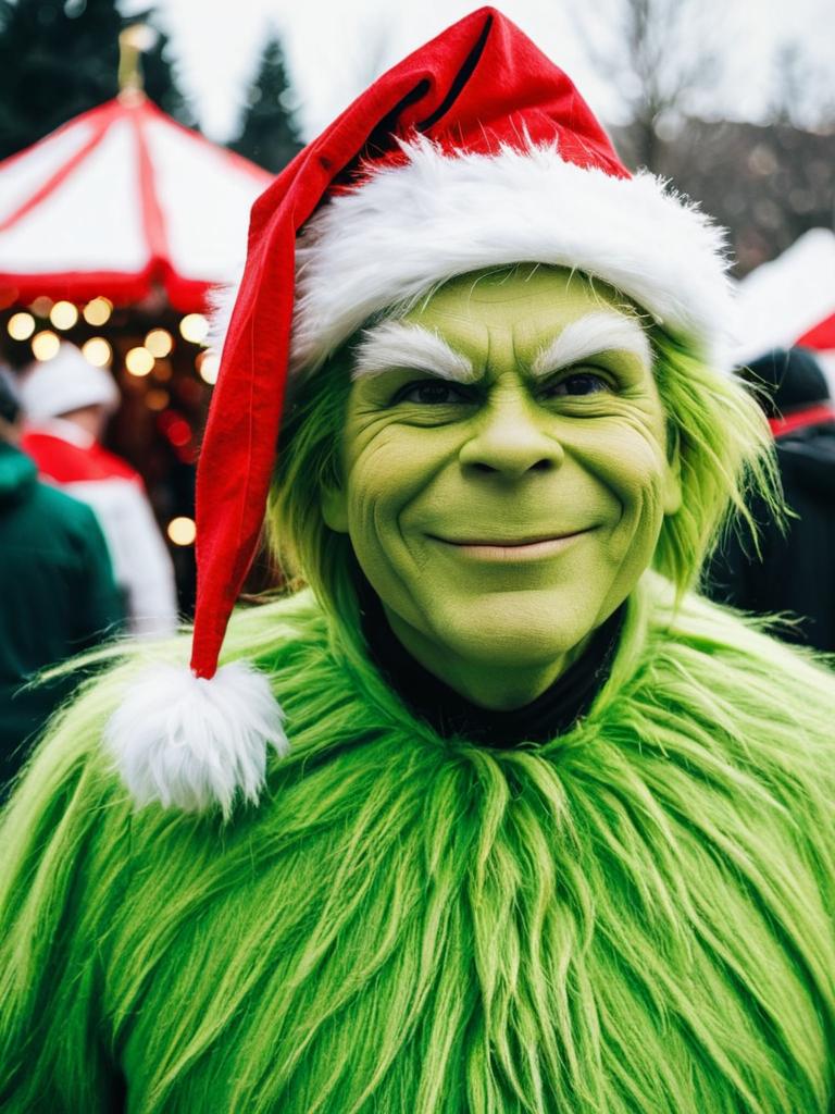 Man in Grinch Costume with Santa Hat at Holiday Event