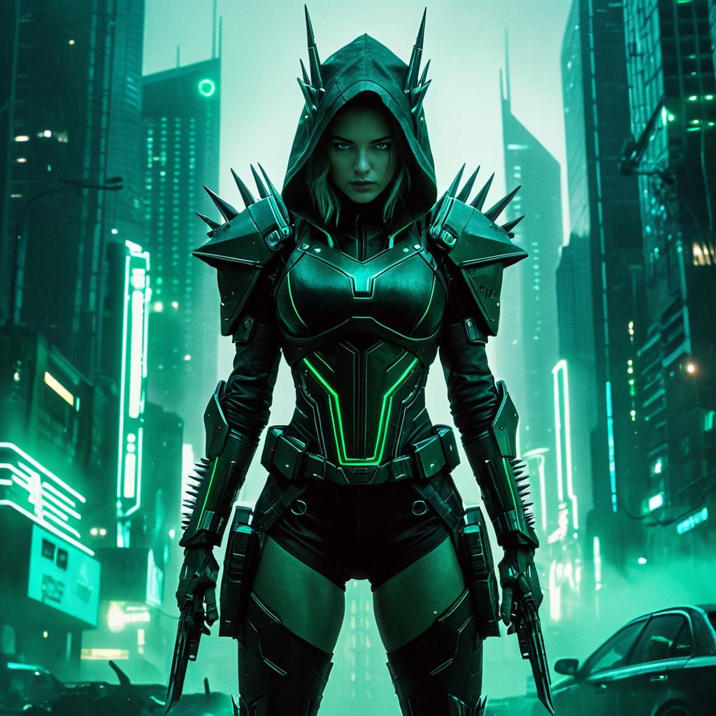 Cyberpunk Woman in Futuristic Spiked Armor in Neon City