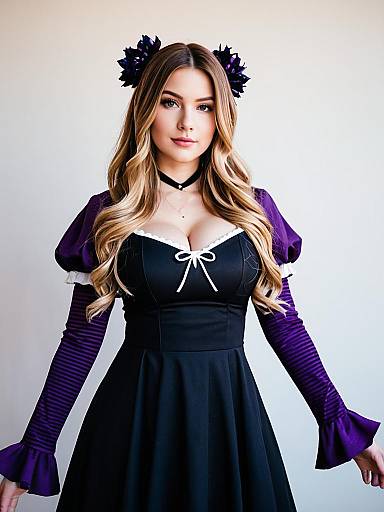 Anya Melfissa Gothic Style 1st Costume with Purple Sleeves and Floral Hair Accessories