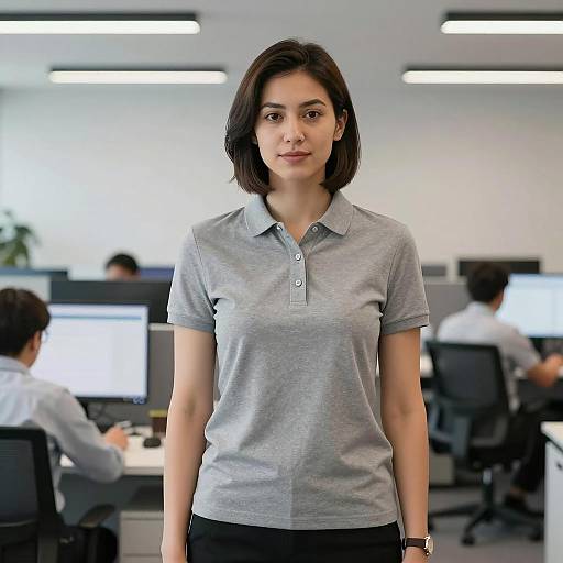 Confident Young Woman in Grey Polo Shirt in Modern Office